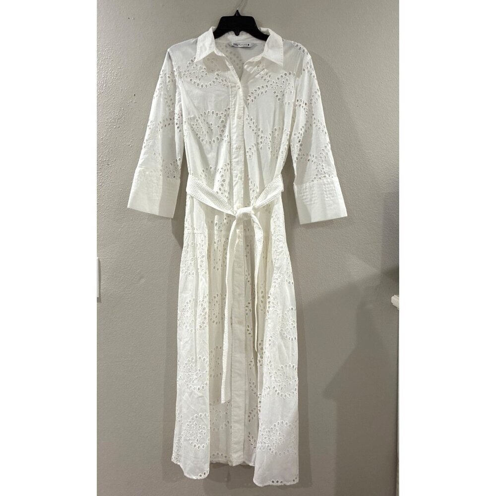 Zara Womens embroidered White button-up Cotton maxi summer dress size Small